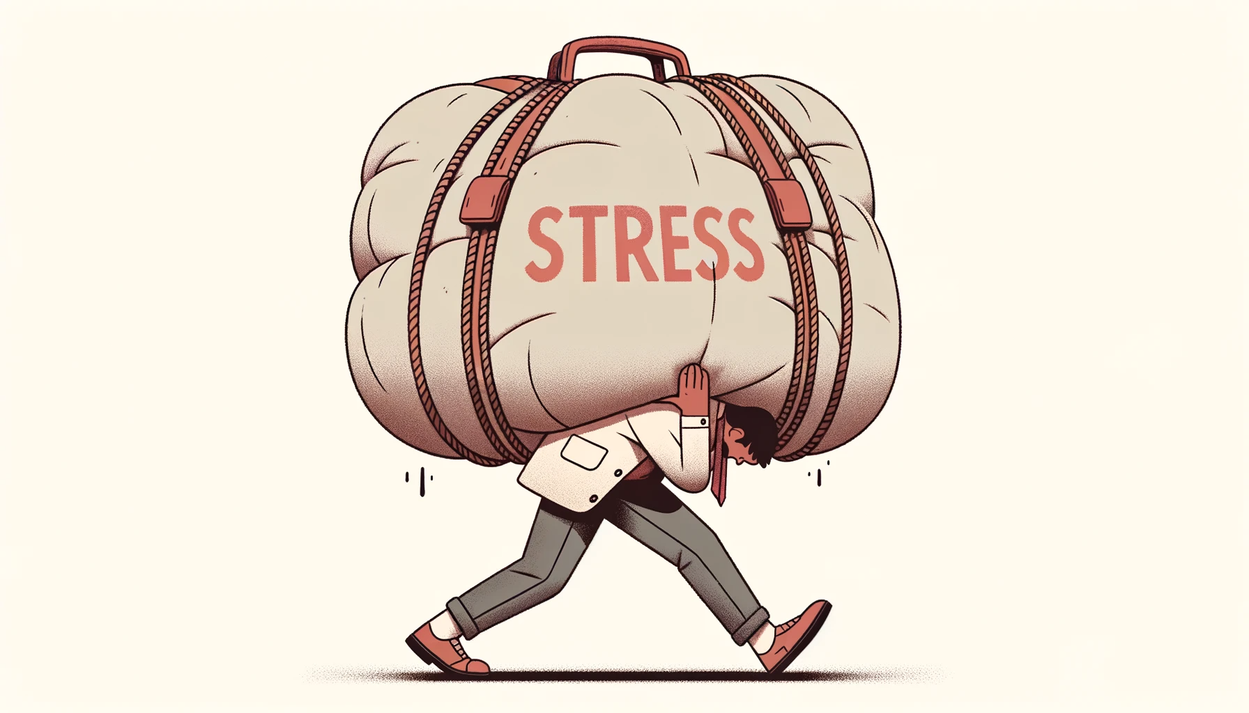 Un homme transpire sous l'effort de porter un sac géant qui comporte l'inscription "stress" sur son dos.